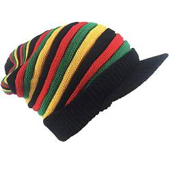 HunterBee Strickmütze aus Wolle, Rasta-Hut, Reggae-Jamaika-Hut, Hippie-Mütze, gehäkelt, Slouchy Baggy Cap, Regenbogenfarben, Large von HunterBee