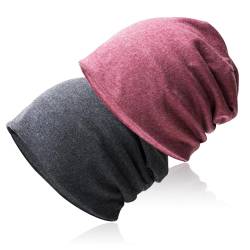 Slouch Beanie-Mütze, weiche Baggy-Beanie-Mütze und Baumwoll-Jersey-Totenkopfkappe, Winter, Unisex, Kopfbedeckung für Männer und Frauen, Rosenrot+Grau, 5 5/8-6 5/8 von Hurinan