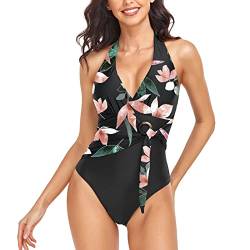 Husmeu Damen Badeanzug Badeanzüge Bauchweg Monokinis Einteilige Bademode V-Ausschnitt Monokinis, Swimsuit Frauen One Piece Push Up Badeanzüge Plus Size Swimsuits for Women,XL Blumen von Husmeu