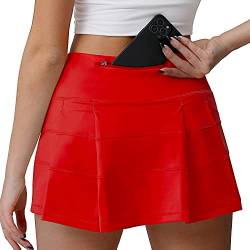 Husnainna hoch taillierte Plissierte Tennisrock mit Taschen, athletische Golf Skorts für Frauen, eingebauten Shorts 018BZQ-Dark Red/d8 von Husnainna