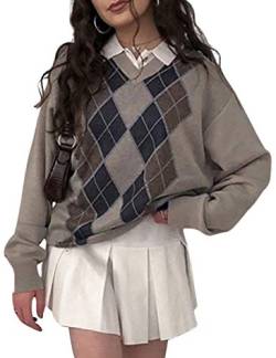 Huyghdfb Klassischer Damen-Pullover mit Argyle-Muster, lange Ärmel, V-Ausschnitt, gestrickt, stylischer Pullover Gr. S, grau von Huyghdfb