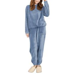 Hveuluop Gieen Damen Warm Rundkragen Bequem Koralle Samt Pyjamas gepolstert Herbst Winter Homewear Zweiteiliges Set(Blue) von Hveuluop Gieen