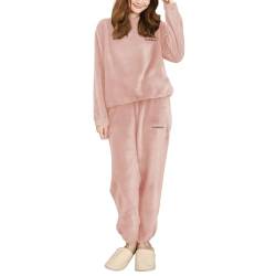 Hveuluop Gieen Damen Warm Rundkragen Bequem Koralle Samt Pyjamas gepolstert Herbst Winter Homewear Zweiteiliges Set(Pink) von Hveuluop Gieen