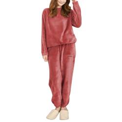 Hveuluop Gieen Damen Warm Rundkragen Bequem Koralle Samt Pyjamas gepolstert Herbst Winter Homewear Zweiteiliges Set (Red) von Hveuluop Gieen