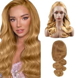 Hxxcoup Body Wave Wig Human Hair Wig 13x4 Lace Front Wig Echthaar Perücke Blonde Perücke Damen Pre Plucked Bleached Knots with Baby Hair #27 Color Human Hair Wig for Black Woman 24 Zoll von Hxxcoup