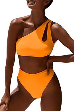 Damen-Badeanzug, bauchfrei, hohe Taille, eine Schulter, Sport-Bikini, zweiteiliger Push-Up-Badeanzug - Orange - X-Large von HyMeYou