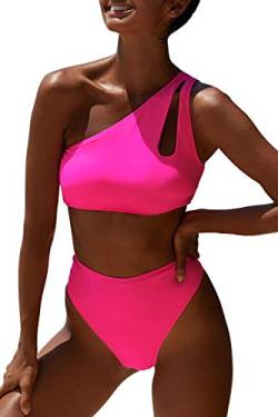 Damen-Bikini, einschultrig, hohe Taille, bauchfreies Top, Badeanzug, Sport, zweiteilig, gepolstert, Push-Up, hoher Schnitt, Neon Rose Bikini, S von HyMeYou