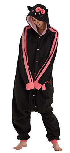 Hydrobreak Schlafanzug für Erwachsene Unisex Einteiler Pyjama Tierkostüm Halloween Christmas Cosplay Onesie Hello Kitty Schwarz XL von Hydrobreak