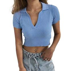 Hyipels Damen Crop Top Polo Shirts Sommer Kragen Weibliches T-Shirt Kurzarm Gerippt Solid Sexy V Ausschnitt Strickoberteile, blau, Groß von Hyipels