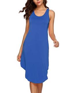 Hyppry Baumwolle Nachthemden für Frauen, ärmelloses U Ausschnitt Tank Schlafkleid, Damen Nachtwäsche Nachthemd Unregelmäßiger Saum, blau, 42 von Hyppry