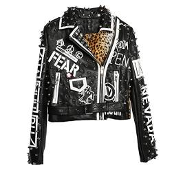 Hzikk Frauen Lederjacke Nieten Leopard-Druck-Kurz Motorrad Punk Rock Jacken,Schwarz,M von Hzikk