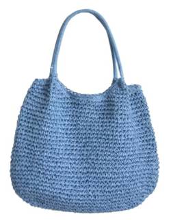 Leichte Strohtasche für Damen, Stroh-Strandtasche, Tragetasche, große gewebte Tragetasche, Strohtasche, Sommer, Strand, Rattan, Hobo-Handtasche 2024, Blau, Free, Tragetasche von Hzxsny