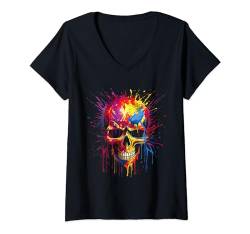 Skull Invader Bunte Schädel Farbe Splash Trippy Skelett v9 T-Shirt mit V-Ausschnitt von I Am Skull Invader
