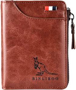 Binley Känguru Geldbörse aus Leder für Herren mit Reißverschluss, RFID-blockierend, Bifold Wallet mit separatem Ausweis-Kartenfenster,, Rot Braun 2 von I0I&I0I