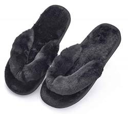 Mode pelzigen Frauen Flip Flops Hausschuhe, Flauschige Kunstpelz warme Schuhe Frau Slip on Open Toe Hausschuhe für Mädchen Männer,38-39,Black von IBAIOU