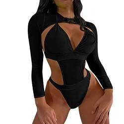 IBAKOM Damen Frauen Rave Outfits 2-teilige Cutout Badeanzug Monokini Bodysuit Langarm Shrug Crop Top Festival Urlaubskleidung Schwarz XL von IBAKOM