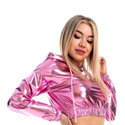 IBAKOM Damen Glänzendes Wetlook Leder Kapuzen Crop Top Metallic Langarm Kordelzug Sweatshirt Rave Dance Top Clubwear Kapuzenpullover Rosa XXL von IBAKOM