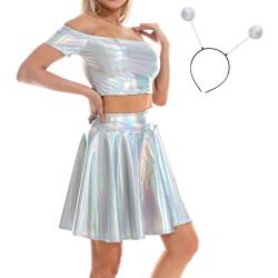 IBAKOM Damen Hologramm Rave Outfit 3 TLG Glänzendes Crop Top Leder Minirock Alien Stirnband Musikfestival Club Partykleid 80er Disco Tanzkleid Holographisch - schulterfrei M von IBAKOM