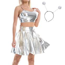 IBAKOM Damen Hologramm Rave Outfit 3 TLG Glänzendes Crop Top Leder Minirock Alien Stirnband Musikfestival Club Partykleid 80er Disco Tanzkleid Silber - Riemchen M von IBAKOM