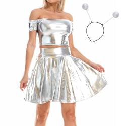 IBAKOM Damen Hologramm Rave Outfit 3 TLG Glänzendes Crop Top Leder Minirock Alien Stirnband Musikfestival Club Partykleid 80er Disco Tanzkleid Silber - schulterfrei S von IBAKOM