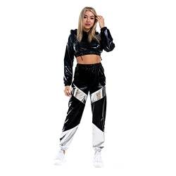 IBAKOM Damen Rave Outfits Glänzend Metallisch Crop Top mit Kapuze Lederhosen mit elastischem Bund 2 Stück Hologramm Party Nachtclub Tanz Outfits Punk Clubwear Schwarz XL von IBAKOM