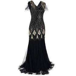 IBAKOM Frauen 1920er Jahre Gatsby Flapper Kleid Glitzernden Pailletten Perlen Abend Prom Formale Party Maxi Kleider Meerjungfrau Schwanz Bodenlanges Langes Kleid Schwarz + Gold M von IBAKOM