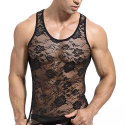 IBAKOM Herren Spitzen Unterhemd Netz Muskelshirt Transparente Mesh Tanks Netz Unterhemd Ärmellos Sport Top Spitzen Dessous Unterwäsche Männer Spitzen Hemd Schwarz L von IBAKOM