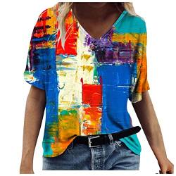 IBAOBAO 3D Druck Damen T-Shirt Sommer Kurzarm Oberteile Tshirt V-Ausschnitte Loose Tunika Bluse Bunte Motiv Tops Oversize Shirt Top Pulli von IBAOBAO