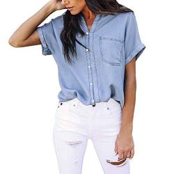 IBAOBAO Jeanshemd Damen Jeans Bluse Hemd Sommer Kurzarm Jeansbluse Hemdbluse Casual Boyfriend Jeanshemd Denim Blusen Tops Oberteile von IBAOBAO