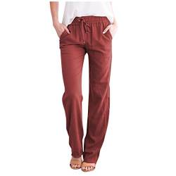 Lulupi Damen Lang Leinenhose Baumwolle Kordelzug Einfarbig Sommerhose Leinen Atmungsaktiver Leicht Hose Sommer Freizeithose Pants von IBAOBAO