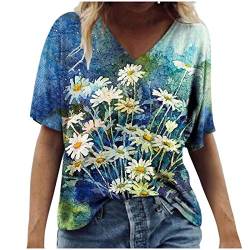 Vintage Drcuken Damen Oberteile Sommer Kurzarm Blusen T-Shirt V-Ausschnitte Loose Oversize Shirt Retro Blumen Drucken Frauen Bluse Tops Casual Bedruckt Asymmetrisch Oberteile Top Mode Tunika Top von IBAOBAO