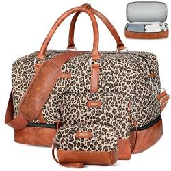 IBFUN Weekender Taschen für Damen, 53,3 cm, Reisetasche, Reisetasche, Handgepäck, Übernachtungstasche, 3 Stück, E2-Canvas-Leopard, Large, Erweiterbare Wochenendtasche mit Gepäckhülle auf der Rückseite von IBFUN