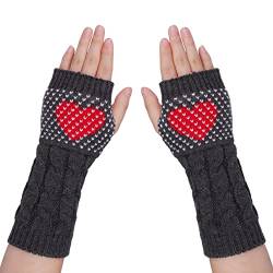 Handwärmer Gestrickte Fingerlose Skull Handschuhe Fäustling Handgelenk Armwärmer Lang Armstulpen Winterhandschuhe Arm Strickhandschuhe Halbfinger Pulswärmer für Damen Mädchen (Dunkelgrau Herz) von IBLUELOVER