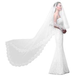 IBLUELOVER Brautschleier 5M Lange Hochzeit Schleier Weicher Tüll Brautkleidzubehör Handgefertigte Blumen Spitze Elegant Brautschleier Festlicher Schleier Damen Schleier Weiß Hochzeitszubehör von IBLUELOVER