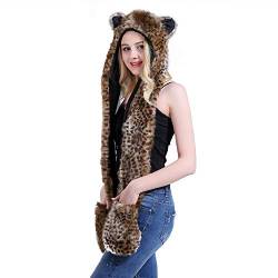 IBLUELOVER Handschuhe Künstliches Fell Tiermütze 3 in 1 Plüsch Mütze Schal Unisex Winter Kappe Tierhandschuhe mit Ohrenschützer Wintermütze Leopard Hut Paw Cosplay Karneval Party Kostüm von IBLUELOVER