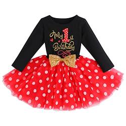 1. Geburtstag Mädchen, Polka Dots Tüllkleid für Baby Mädchen, Lange Ärmel Mini Mouse Prinzessin Kleid für Ersten Geburtstag Kuchen Smash Fotoshooting Schwarz+Rot 1st 1 Jahre von IBTOM CASTLE