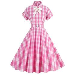 1950er Vintage Kleid für Frauen Kurzärmelig Kariert Rüschen Swing Kleid Cocktail Party 50s Pin Up Kleid Rockabilly Rosa Gingham Kleid mit Gürtel Halsband-Rosa & Weiß XL von IBTOM CASTLE