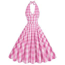 1950er Vintage Kleid für Frauen Kurzarm Halter Plaid Ruffle Swing Kleid Cocktail Party 50s Pin Up Kleid Rockabilly Rosa Gingham Kleid Halfter-Rosa & Weiß L von IBTOM CASTLE