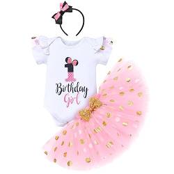 1ter Geburtstag Mädchen Outfits Kurzarm Strampler/T-Shirt Top+Polka Dot Tüll Tutu Rock+Minnie Mouse Stirnband 3tlg Prinzessin Geburtstagsparty Kleid Kuchen Smash Fotoshooting Weiß+Rosa-1 1 Jahre von IBTOM CASTLE