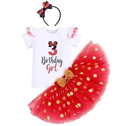 1ter Geburtstag Mädchen Outfits Kurzarm Strampler/T-Shirt Top+Polka Dot Tüll Tutu Rock+Minnie Mouse Stirnband 3tlg Prinzessin Geburtstagsparty Kleid Kuchen Smash Fotoshooting Weiß+Rot-1 1 Jahre von IBTOM CASTLE