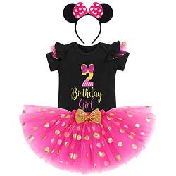 2. Geburtstag Mädchen Outfits Kurzarm Strampler/T-Shirt Top+Polka Dot Tüll Tutu Rock+Minnie Mouse Stirnband 3tlg Prinzessin Geburtstagsparty Kleid Kuchen Smash Fotoshooting Schwarz+Heiß Rosa-2 2 Jahre von IBTOM CASTLE