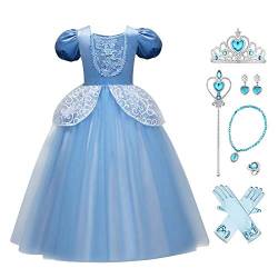 Aschenputtel Kleid Tüll Prinzessin Kostüm Verkleidung Mädchen Mädchen Kinder Geburtstag Weihnachten Faschingskostüm Ankleiden Halloween Fest Set Ballkleid Lang Hochzeit Kleidung Blue+Zubehör 4 Jahre von IBTOM CASTLE