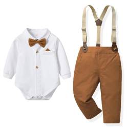 Baby Junge Smoking Gentleman Anzug Outfits Langarm Tuxedo Shirt Romper Strampler Hosenträger Hosen mit Fliege 1. Geburtstag Taufgeschenke Junge Hochzeitskleider für Kinder Weiß 1 12-18 Monate von IBTOM CASTLE