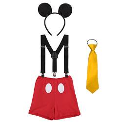 Baby Jungen 1./2. Geburtstag Minnie Karneval Kuchen Smash Outfit Krawatte+Verstellbare Hosenträger mit Y-Rücken+Windelbezug Bloomers Pants+Maus Ohr Stirnband Fotoshooting 4PCS Set Rot3 12-18 Monate von IBTOM CASTLE