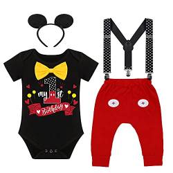 Baby Jungen 1. Geburtstag Mickey Maus Fancy Outfit Fliege Strampler+Verstellbare Y Hosenträger+Hosen+Stirnband 4pcs Gentleman Kuchen Smash Kleidung Fotoshooting Black+Red- My 1st Birthday 12-18 Monate von IBTOM CASTLE