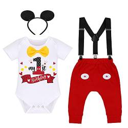 Baby Jungen 1. Geburtstag Mickey Maus Fancy Outfit Fliege Strampler+Verstellbare Y Hosenträger+Hosen+Stirnband 4pcs Gentleman Kuchen Smash Kleidung Fotoshooting Red - My 1st Birthday 6-12 Monate von IBTOM CASTLE