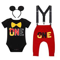 Baby Jungen 1. Geburtstag Party Mickey Mouse Fancy Outfit Fliege Strampler+Verstellbare Y Hosenträger+Hosen+Stirnband 4pcs Gentleman Kuchen Smash Kleidung Fotoshooting Black-One 12-18 Monate von IBTOM CASTLE