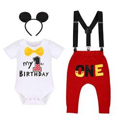 Baby Jungen 1. Geburtstag Party Mickey Mouse Fancy Outfit Fliege Strampler+Verstellbare Y Hosenträger+Hosen+Stirnband 4pcs Gentleman Kuchen Smash Kleidung Fotoshooting White-1st Birthday 12-18 Monate von IBTOM CASTLE