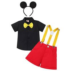 Baby Jungen Mickey Mouse Halloween Kostüme Gentleman Krawatte Kurzarm Shirt Hemd+Y-Back Hosenträger+Shorts+Stirnband 4tlg Geburtstagsfeier Hochzeit Formal Outfit Fotografie Schwarz 12-18 Monate von IBTOM CASTLE