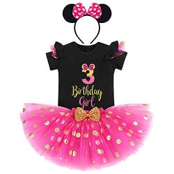 Baby Mädchen 3. Geburtstag Outfits Kurzarm T-Shirt Top+Polka Dot Tüll Tutu Rock+Minnie Mouse Stirnband 3tlg Prinzessin Geburtstagsparty Kleid Kuchen Smash Fotoshooting Schwarz+Heiß Rosa-3 3 Jahre von IBTOM CASTLE